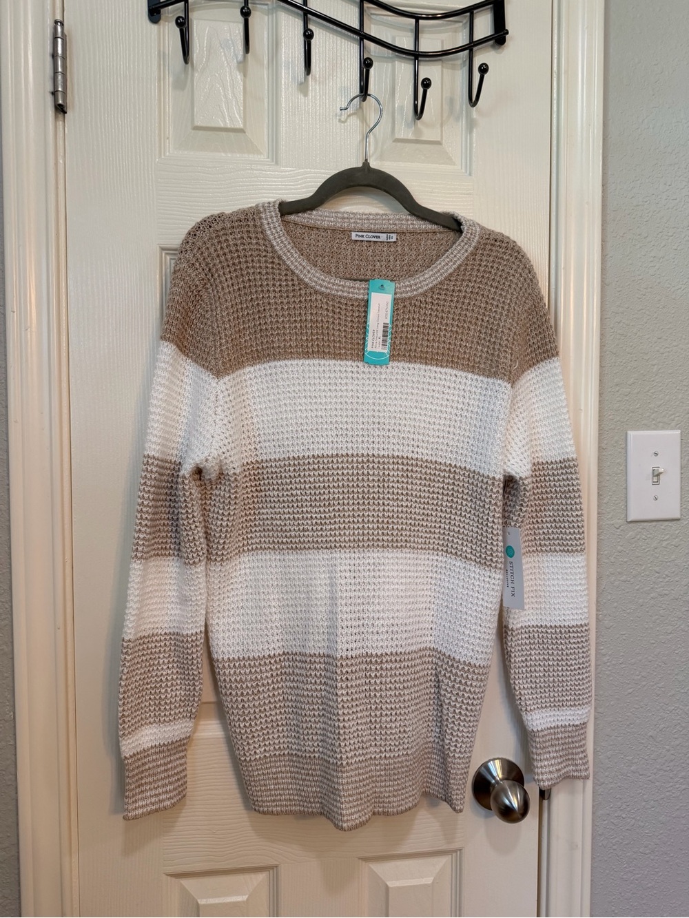 Pink Clover Striped Crewneck Sweater in White & Tan